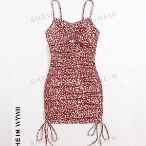 Cutout drawstring knot front floral red dress